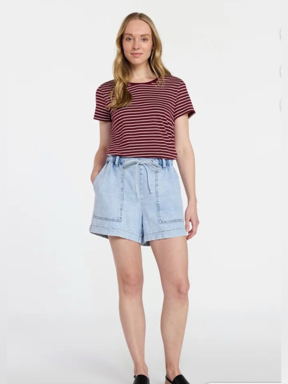 Time and Tru Women's Denim Drapey Utility Shorts Elastic Tie Waist Size M 8-10 - Picture 2 of 9